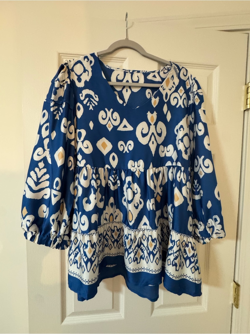 Blue and White Printed Peasant Blouse